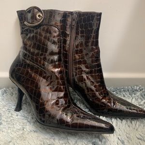 Stuart Weitzman Croc Patent Leather Ankle Boots